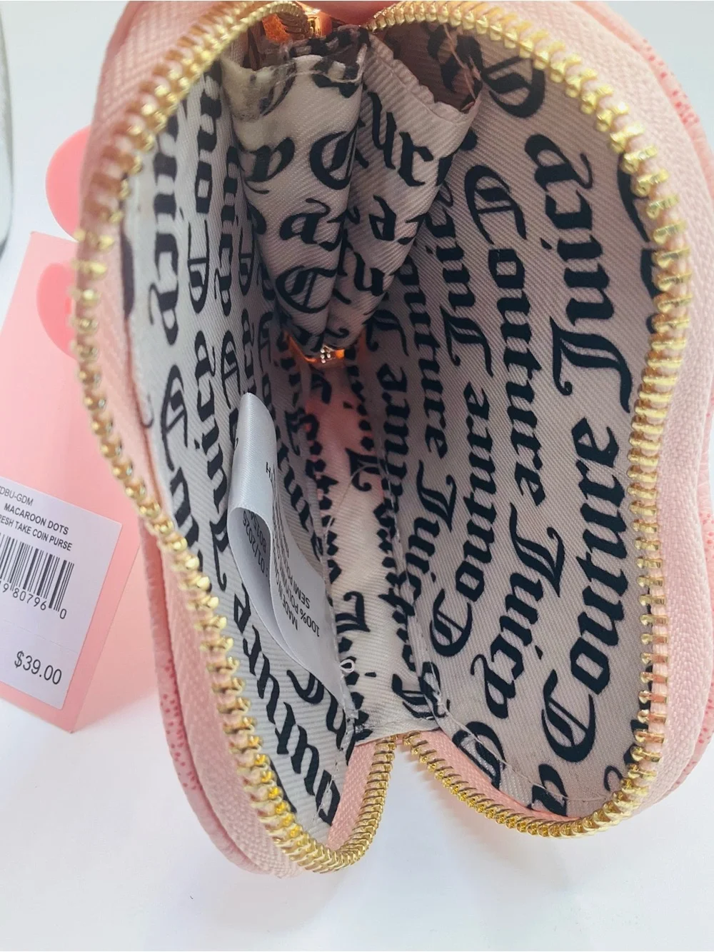 NWT Juicy Couture Pink Heart Wristlet Coin Purse Crown Zip Pull - Macaroon Dots